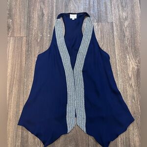 Parker Silk Beaded Front Blouse Blue Small Sleeveless Top -0354